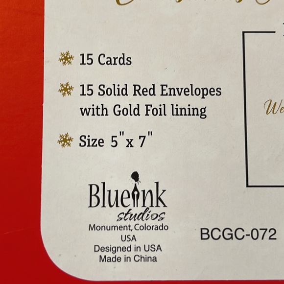 NEVER OPENED BOXED CARDS - 15 CARDS/RED ENVELOPES WITH GOLD FOIL LINING - 5"X7" - Picture 3 of 7